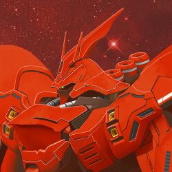 absurdres char&#039;s_counterattack commentary dakota_randall english_commentary funnels_(gundam) green_eyes gundam highres mecha mecha_focus mobile_suit nebula neo_zeon no_humans one-eyed radio_antenna robot sazabi science_fiction solo space star_(sky) upper_body