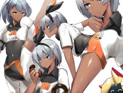 1girl bea_(pokemon) bent_over black_bodysuit black_hairband bodysuit bodysuit_under_clothes bow_hairband collared_shirt commentary_request dark-skinned_female dark_skin eating falinks gen_8_pokemon grey_eyes gym_leader hairband hand_up highres holding knee_pads leg_up looking_down medium_hair multiple_views nintendo pokemon pokemon_(creature) pokemon_swsh print_shirt print_shorts shiny_skin shirt short_sleeves shorts silver_hair sparkle sweat tied_shirt white_background yuuyuu_(yuuki1771)