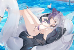 1girl absurdres azur_lane bikini black_sleeves breasts cleavage commentary cone_hair_bun detached_sleeves double_bun expressionless flantia grey_eyes hair_between_eyes hair_bun highres indoors lace lace-trimmed_bikini lace_trim large_breasts legs_together long_hair long_sleeves looking_at_viewer lying multicolored_hair official_alternate_costume on_back pool purple_bikini purple_hair solo split-color_hair swimsuit unworn_bikini_top water white_hair ying_swei_(azur_lane) ying_swei_(blue_waves_limpid_summer)_(azur_lane)