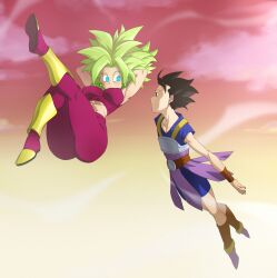 1boy 1girl abs absurdres arms_behind_head ass black_eyes black_hair blonde_hair blue_eyes blush boots breasts cabba cloud cloudy_sky dragon_ball dragon_ball_super earrings flying full_body gold gradient_sky highres jewelry kefla_(dragon_ball) large_breasts leeloo_dallas looking_at_another muscular muscular_female pants potara_earrings serious shoes sky spiked_hair super_saiyan