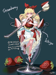 1girl :o aikatsu! aikatsu!_(series) artist_name bare_shoulders blonde_hair bow bow_hairband character_name copyright_notice dress dress_bow earrings english_text food frilled_dress frills fruit full_body glass hair_bow hairband high_heels highres holding hoshimiya_ichigo jewelry long_hair looking_at_viewer medium_dress mini_person minigirl parted_lips red_bow red_eyes red_hairband red_shoes school_swimsuit shichiko_(kerori) shoes solo sphere_earrings spoon straight-on strawberry swimsuit twitter_username white_dress