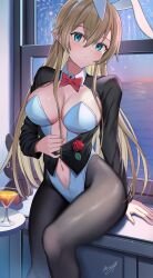 1girl absurdres aerial_fireworks animal_ears black_jacket black_pantyhose blonde_hair blue_eyes blue_leotard blush bow bowtie breasts cleavage closed_mouth clothing_cutout cocktail_glass collar cup detached_collar drinking_glass elf fake_animal_ears fireworks flower highres jacket large_breasts leotard long_hair long_sleeves looking_at_viewer may9 navel navel_cutout original pantyhose playboy_bunny pointy_ears rabbit_ears red_bow red_bowtie shrug_(clothing) signature sitting solo stuffed_animal stuffed_rabbit stuffed_toy traditional_bowtie
