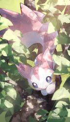 Rule 34 | absurdres, alternate color, animal focus, branch, climbing tree, closed mouth, gen 4 pokemon, highres, leaf, nintendo, no humans, nullma, outdoors, pachirisu, pokemon, pokemon (creature), pokemon focus, shiny pokemon, smile, tail, tree