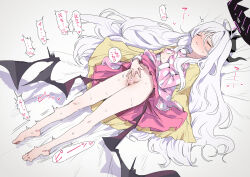 1girl absurdres ahoge bare_legs barefoot black_halo black_horns black_wings blue_archive blush breasts censored closed_eyes commentary_request demon_wings female_masturbation hair_between_eyes hair_spread_out halo heart heart_censor highres hina_(blue_archive) hina_(pajamas)_(blue_archive) horns ie_(raarami) loli long_hair low_wings lying masturbation no_panties on_back pajamas parted_lips partially_translated pink_pajamas plantar_flexion polka_dot polka_dot_pajamas pussy small_breasts solo sweat translation_request very_long_hair white_hair wings
