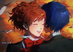 1boy 1girl 2025 bird black_jacket blue_hair brown_hair closed_eyes dated highres jacket neck_ribbon open_mouth persona persona_3 red_ribbon ribbon senikuuu1114 shiomi_kotone smile upper_body yuuki_makoto_(persona_3)