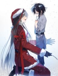 2boys ^_^ aged_down alternate_costume bandage_on_face bandaged_head bandages black_boots black_gloves black_hair blush boots brown_hair child christmas closed_eyes eyepatch from_side fur-trimmed_boots fur-trimmed_headwear fur-trimmed_jacket fur_trim gloves grey_hanfu grey_pants hat highres holding_ofuda hua_cheng_(child) implied_yaoi jacket kneeling long_hair looking_at_another male_focus manjuyawaraka multiple_boys on_one_knee open_mouth pants profile red_eyes red_hat red_jacket red_pants red_ribbon ribbon santa_costume santa_hat short_hair sidelocks smile snow snowing standing sweatdrop third-party_source tianguan_cifu very_long_hair xie_lian
