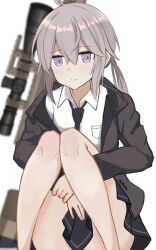 Rule 34 | 1girl, black necktie, black skirt, blush, bolt action, breast pocket, brown hair, brown jacket, cheytac m200, closed mouth, collared shirt, commentary request, dress shirt, girls&#039; frontline, gun, hair between eyes, hugging own legs, jacket, koenza botoke, long hair, looking at viewer, m200 (girls&#039; frontline), necktie, open clothes, open jacket, pleated skirt, pocket, purple eyes, rifle, shirt, simple background, sitting, skirt, smile, sniper rifle, solo, weapon, white background