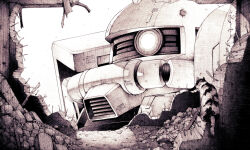 broken_wall commentary_request gundam looking_at_viewer mecha mecha_focus mobile_suit mobile_suit_gundam monochrome no_humans one-eyed robot rubble ruins science_fiction solo takagi_shuei zaku_ii zaku_ii_f/j