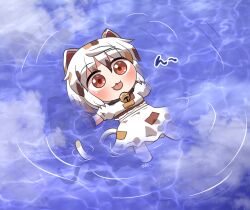 1girl afloat animal_ears bell blush calico cat_ears cat_tail chibi chibi_only collar commentary_request dress goutokuji_mike neck_bell red_eyes ripples rokugou_daisuke solo tail tongue tongue_out touhou water white_dress white_hair