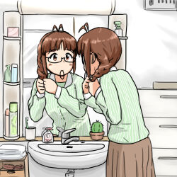 air_conditioner akizuki_ritsuko annko antenna_hair bathroom braiding_hair brown_eyes brown_hair brown_skirt cabinet cactus collared_shirt glasses green_shirt hair_tie hair_tie_in_mouth hairdressing idolmaster idolmaster_(classic) long_sleeves looking_at_mirror mirror mouth_hold shirt sink skirt toothbrush