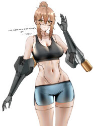 1girl android bare_shoulders black_bra blue_shorts bra breasts brown_hair cleavage collarbone cowboy_shot glasses groin hair_between_eyes hair_bun highres joints kitsune_udon_(qtsuneudon) large_breasts long_hair mechanical_arms navel original robot_joints shorts single_hair_bun sofia_(kitsuneudon) solo thighs underwear white_background yellow_eyes