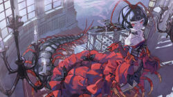 1girl antennae arthropod_girl arthropod_limbs black_hair breasts bug centipede centipede_girl cigarette_holder dress elbow_gloves extra_legs gloves highres kyo_mizusawa mandibles monster_girl multiple_legs original red_dress red_eyes red_gloves short_hair small_breasts solo strapless strapless_dress taur