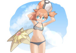 1girl asymmetrical_hair bikini blue_bikini blush breasts cowboy_shot creatures_(company) female_focus game_freak gen_1_pokemon green_eyes gym_leader hair_between_eyes hair_tie holding hug looking_at_another misty_(pokemon) nintendo open_mouth orange_hair pokemon pokemon_frlg ponytail short_hair side_ponytail simple_background small_breasts smile solo staryu suiran_(suiran2822) swimsuit