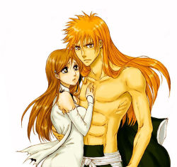 bleach brown_eyes couple inoue_orihime kurosaki_ichigo long_hair mullet orange_hair topless_female