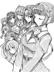 6+girls ^_^ ashigara_(kancolle) ashigara_kai_ni_(kancolle) belt black_hair blunt_bangs bow closed_eyes commentary fang from_side greyscale haguro_(kancolle) haguro_kai_ni_(kancolle) hair_between_eyes hair_bow hair_bun hair_ornament hair_over_one_eye hairband hairclip hatsukaze_(kancolle) hayashimo_(kancolle) highres kamikaze_(kancolle) kantai_collection kasumi_(kancolle) long_hair looking_at_viewer monochrome multiple_girls myoukou_(kancolle) myoukou_kai_ni_(kancolle) nachi_(kancolle) nachi_kai_ni_(kancolle) side_ponytail single_hair_bun smile tsuji_kazuho wavy_hair