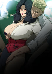 1girl black_eyes black_hair blonde_hair blush bra breasts dark-skinned_male dark_skin glasses greco_roman_(spiral_brain) large_breasts long_hair mature_female original red_lips shirt thighs underwear undressing undressing_another white_shirt