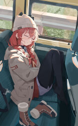 1girl absurdres animal_ear_headwear beanie black_pantyhose blue_archive blue_shorts boots braided_twintails brown_boots brown_hat brown_jacket chinese_commentary closed_eyes closed_mouth collared_shirt commentary_request fake_animal_ears fanshuimucishen feet_up full_body hair_between_eyes hat head_tilt highres hood hood_down hooded_jacket jacket knees_up lace-up_boots long_hair low_twintails maki_(blue_archive) maki_(camp)_(blue_archive) making-of_available no_halo no_shoes official_alternate_costume official_alternate_hairstyle open_clothes open_jacket pantyhose plantar_flexion pocket red_hair red_sweater seatbelt shirt short_shorts shorts sidelocks sitting sleeping sleeping_upright solo sweater turtleneck twintails unworn_boots vehicle_interior white_shirt window