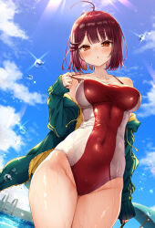 1girl ahoge alt_(ctrldel) atelier_(series) atelier_sophie blush breasts collarbone covered_navel day glint green_hoodie groin highres hood hoodie large_breasts long_sleeves looking_at_viewer medium_hair one-piece_swimsuit open_clothes open_hoodie open_mouth orange_eyes outdoors parasol pink_hair pool pool_ladder pulling_own_clothes red_one-piece_swimsuit sleeves_past_wrists solo sophie_neuenmuller strap_pull swept_bangs swimsuit thighs two-tone_hoodie umbrella water_drop white_one-piece_swimsuit yellow_hoodie