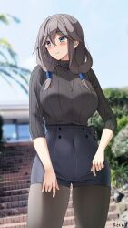 1girl absurdres black_hair black_pantyhose black_sweater blue_eyes blue_skirt blue_sky blurry blurry_background blush breasts bush closet cloud covered_erect_nipples day depth_of_field hair_between_eyes hair_over_shoulder hair_tubes highres jewelry keenh large_breasts long_sleeves necklace original outdoors pantyhose ribbed_sweater sidelocks skirt sky smile solo stairs standing sweater turtleneck turtleneck_sweater
