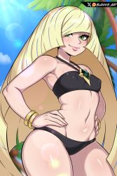 1girl absurdres arched_back artist_name bikini black_bikini blannis blonde_hair blue_sky bracelet breasts closed_mouth collarbone covered_erect_nipples day eyebrows eyelashes female_focus green_eyes hands_on_own_hips highres jewelry lips long_hair looking_at_viewer looking_to_the_side lusamine_(pokemon) mature_female navel necklace nintendo outdoors pokemon pokemon_(anime) pokemon_sm049 pokemon_sm_(anime) sky small_breasts solo standing sun swimsuit wide_hips