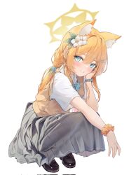 1girl animal_ear_fluff animal_ears blue_archive blue_eyes chiu538 highres looking_at_viewer mari_(blue_archive) mary_janes orange_hair orange_scrunchie scrunchie shoes simple_background smile solo teeth watch white_background