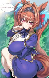Rule 34 | absurdres, animal ears, arm under breasts, ass, blue bow, blue dress, blue shoes, blush, bow, breasts, brown hair, crown, daiwa scarlet (umamusume), dress, from behind, hair between eyes, hair bow, hair intakes, harutoyumaarts, highres, horse ears, horse girl, horse tail, huge breasts, long hair, open mouth, red bow, red hair, shoes, tail, twintails, umamusume