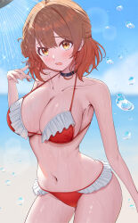 Rule 34 | 1girl, absurdres, ahoge, armpits, bare shoulders, beach, bikini, black choker, blush, breasts, brown hair, choker, cleavage, frilled bikini, frills, gakuen idolmaster, gradient hair, hair bun, hanami ume, highres, idolmaster, large breasts, looking at viewer, multicolored hair, navel, open mouth, outdoors, red bikini, showering, solo, stomach, swimsuit, take978733141, water, water drop, wet