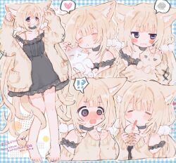 !? 1girl :i =_= @_@ animal_ear_fluff animal_ears averting_eyes barefoot black_choker black_dress blonde_hair blue_border blush border bubble_tea cardigan cardigan_partially_removed cat_ears cat_girl cat_tail choker commentary commission cup dress drinking english_commentary fang flustered furrowed_brow hands_up heart highres holding holding_cup holding_own_ears jitome lace lace-trimmed_dress lace_trim long_hair long_sleeves low_twintails mole mole_under_mouth mooosikasite multiple_views nose_blush off-shoulder_dress off_shoulder open_cardigan open_clothes original plaid_border pout puckered_lips purple_eyes skeb_commission spaghetti_strap spoken_heart spoken_interrobang spoken_squiggle squiggle tail tail_around_own_leg tareme twintails very_long_hair wavy_mouth white_background yellow_cardigan