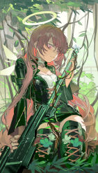 1girl absurdres arknights black_jacket black_skirt black_thighhighs character_request closed_mouth gun hair_between_eyes highres holding holding_gun holding_weapon jacket kneeling long_hair omurice_(304975636) open_clothes open_jacket pink_eyes pink_hair rifle shirt sidelocks skirt solo thighhighs weapon white_shirt zettai_ryouiki