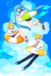1boy 2girls :o ahoge aqua_eyes aqua_hair blonde_hair blue_eyes blue_pants blue_sailor_collar blue_shoes blue_skirt blue_sky bow bowtie brown_shoes closed_eyes cloud collared_shirt commentary_request fish full_body hair_bow hatsune_miku highres innertube kagamine_len kagamine_rin long_hair looking_at_viewer multiple_girls necktie orange_bow orange_bowtie orange_necktie pants pleated_skirt red_shoes sailor_collar shirt shoes short_hair short_sleeves skirt sky smile sneakers socks swept_bangs swim_ring twintails vocaloid white_bow white_sailor_collar white_shirt white_socks yoshiki