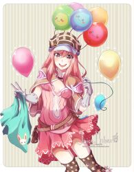 Rule 34 | 1girl, balloon, blush, breasts, brown background, brown cape, brown hat, brown thighhighs, cape, commentary, creator (ragnarok online), dress, english commentary, feet out of frame, gloves, hat, highres, long hair, looking at viewer, marin (ragnarok online), medium breasts, navel, open mouth, pink dress, pink eyes, pink hair, plunging neckline, poporing, poring, print thighhighs, ragnarok online, sewing pin, sidelocks, smile, solo, squaffle1, star (symbol), star print, striped hat, thighhighs, white gloves
