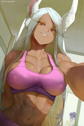 1boy 1girl abs araneesama artist_name bare_shoulders boku_no_hero_academia breasts collarbone crop_top dark-skinned_female dark_skin gloves highres large_breasts long_hair looking_at_viewer mask mineta_minoru mirko muscular muscular_female rabbit_ears red_eyes toned toned_female upper_body white_hair yellow_gloves
