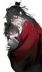 Rule 34 | 1boy, 1girl, aaawwwssslll, absurdres, aged down, angry, black hair, blue dress, carrying, carrying person, child carry, chinese clothes, chinese commentary, closed eyes, coin, coin mask, crying, dao gui yi xian, dress, frown, hair between eyes, hair bun, hair ribbon, half updo, hanfu, highres, holed coin, hug, li huowang, li sui (princess anping), long hair, long sleeves, looking at viewer, mask, messy hair, mouth veil, open mouth, red ribbon, red robe, ribbon, robe, simple background, single hair bun, string, tears, trembling, upper body, veil, white background, wide sleeves