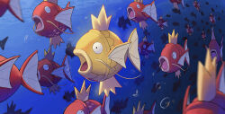 Rule 34 | air bubble, alternate color, black eyes, bubble, commentary request, fish, gen 1 pokemon, highres, magikarp, nintendo, nmm, no humans, open mouth, pokemon, pokemon (creature), pokemon focus, school of fish, shiny pokemon, silhouette, tongue, underwater