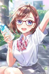 1girl :d arm_up asymmetrical_bangs blue_eyes blush bottle bow bowtie breasts brown_hair collared_shirt dappled_sunlight dress_shirt glasses grass grey_skirt holding holding_bottle leaf looking_at_viewer morikura_en official_art open_mouth outdoors pleated_skirt red-framed_eyewear red_bow red_bowtie sample_watermark shirt short_hair short_sleeves sitting sitting_on_stairs skirt smile sousai_shoujo_teien sports_drink stairs striped_bow striped_bowtie striped_clothes summer_uniform sunlight takanashi_koyomi teeth tree upper_teeth_only watermark white_shirt