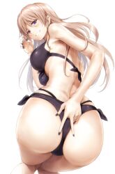 1girl ass bent_over highres long_hair purple_hair simple_background smile suien swimsuit tagme