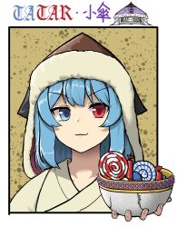 absurdres allcy49 alternate_costume blue_eyes blue_hair border bowl candy character_name food heterochromia highres holding holding_bowl lollipop mongolian_clothes red_eyes smirk tatara_kogasa touhou upper_body yurt