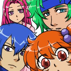 Rule 34 | 2boys, 2girls, :o, aine (hoshi wo miru hito), aqua eyes, asymmetrical bangs, blue hair, blue headband, blue scarf, close-up, closed mouth, collared dress, dress, eri muuton, expressionless, eyelashes, green hair, hair between eyes, hair bobbles, hair ornament, hairband, headband, hoshi wo miru hito, light frown, lips, long hair, lowres, minami (hoshi wo miru hito), misa (hoshi wo miru hito), multiple boys, multiple girls, one side up, open mouth, orange hair, parted lips, pink dress, pink hair, purple eyes, red eyes, scarf, shiba (hoshi wo miru hito), short hair, sidelocks, simple background, stargazer (series), straight hair, tareme, upper body, white background, yellow hairband
