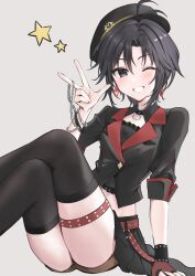 1girl absurdres aburi-gatana antenna_hair belt black_eyes black_hair black_hat black_shirt black_skirt black_thighhighs bracelet earrings fingerless_gloves gloves grey_background grin hand_up hat highres idolmaster idolmaster_(classic) jewelry kikuchi_makoto knees_up looking_at_viewer midriff one_eye_closed red_belt shirt short_hair simple_background single_glove sitting skirt smile solo star_(symbol) studded_thigh_strap thigh_strap thighhighs