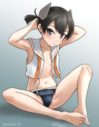 Rule 34 | arm behind head, barefoot, black eyes, black hair, blue one-piece swimsuit, clothes pull, grey background, headgear, i-41 (kancolle), kantai collection, long hair, navel, neckerchief, old school swimsuit, one-hour drawing challenge, one-piece swimsuit, one-piece swimsuit pull, open clothes, open shirt, orange neckerchief, ray.s, sailor collar, sailor shirt, school swimsuit, shirt, short hair, side ponytail, simple background, sitting, sleeveless, sleeveless shirt, swimsuit, undone neckerchief, white shirt