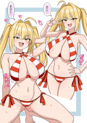 1girl ahoge bare_shoulders bikini blonde_hair blush breasts cleavage collarbone criss-cross_halter fate/grand_order fate_(series) green_eyes hair_intakes halterneck highres large_breasts long_hair looking_at_viewer multiple_views muta_poo navel nero_claudius_(fate) nero_claudius_(swimsuit_caster)_(fate) open_mouth red_bikini smile speech_bubble striped_bikini striped_clothes swimsuit thighs translation_request twintails