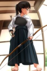 Rule 34 | 1girl, absurdres, arrow (projectile), barefoot, black hair, bow (weapon), brown hair, highres, holding, holding arrow, holding bow (weapon), holding weapon, japanese clothes, looking to the side, matsunaga kouyou, original, ponytail, short hair, solo, toes, weapon