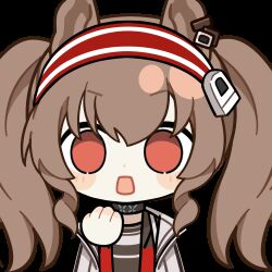 1girl angelina_(arknights) animal_ears animated animated_gif arknights black_choker blush brown_hair chinese_commentary choker chunye_haruya coat commentary_request covering_own_mouth dot_nose earpiece fox_ears hair_between_eyes hairband infection_monitor_(arknights) long_hair looking_at_viewer lowres material_growth open_clothes open_coat open_mouth oripathy_lesion_(arknights) red_eyes red_hairband sanpaku second-party_source solo striped_clothes striped_hairband surprised transparent_background twintails two-tone_hairband upper_body