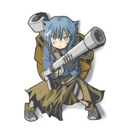 Rule 34 | 1girl, animal ears, black gloves, blastoise, blue hair, blue sweater, boots, brown armor, brown bag, brown boots, brown dress, brown eyes, brown skirt, cannon, dress, facing viewer, fingerless gloves, gen 1 pokemon, gloves, holding, holding rocket launcher, holding weapon, karakarasan, leaning forward, looking at viewer, lowres, nintendo, personification, pokemon, rocket launcher, scar, scar across eye, scar on face, shoulder cannon, skirt, sweater, thigh strap, turtle shell, weapon, white background