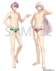 2boys ahoge arm_up collarbone commentary_request company_name copyright_notice crossed_bangs earrings feet genderswap genderswap_(ftm) grin groin hair_between_eyes hair_ornament hairclip hand_on_own_hip hand_up jewelry long_hair looking_at_viewer low_ponytail male_focus male_swimwear multicolored_hair multiple_boys navel nijisanji official_art parted_bangs pectorals pink_eyes pink_hair ponytail sample_watermark sasaki_saku sasaki_zaku shiina_shii shiina_yuika shippaiderman short_hair simple_background single_earring smile stomach streaked_hair swim_briefs teeth toes v-shaped_eyebrows very_long_hair virtual_youtuber watermark white_background