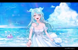 1girl :d aqua_eyes aqua_hair artist_name blue_sky blush breasts cleavage cloud dress elira_pendora english_text fangs floating_hair hat head_wings heterochromia highres holding holding_hands holding_unworn_clothes holding_unworn_hat lens_flare letterboxed long_hair looking_at_viewer medium_breasts milkuriem nijisanji nijisanji_en ocean off-shoulder_dress off_shoulder open_mouth pikl_(elira_pendora) pov pov_hands purple_eyes signature sky smile sun_hat sundress swim_ring unworn_hat unworn_headwear virtual_youtuber white_dress wings