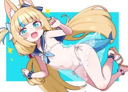 1girl absurdres animal_ear_fluff animal_ears bikini blonde_hair blue_eyes blue_hair blue_sailor_collar blue_scrunchie cat_ears commentary dress fang fins fish_girl fish_tail flat_chest full_body highres indie_virtual_youtuber lifebuoy_hair_ornament lk149 loli long_hair looking_at_viewer low_twintails micro_bikini multicolored_hair navel one_side_up open_mouth sailor_collar sameko_saba sandals scrunchie see-through_clothes see-through_dress side-tie_bikini_bottom smile solo sparkle streaked_hair swimsuit tail toes twintails two-tone_hair very_long_hair white_bikini wrist_scrunchie