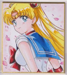 1girl arms_up back bishoujo_senshi_sailor_moon blonde_hair blue_eyes blue_sailor_collar bow brooch cherry_blossoms choker commentary double_bun earrings elbow_gloves gloves hair_bun hair_ornament highres jewelry lips long_hair looking_back magical_girl median_furrow red_bow red_choker sailor_collar sailor_moon sailor_senshi_uniform smile solo traditional_media tsukino_usagi twintails user_kztc4472 white_gloves