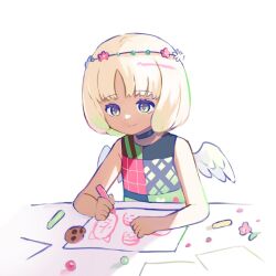 1girl blonde_hair closed_mouth commentary_request crayon curtained_hair dot_nose drawing_(action) drawing_(object) grey_eyes head_wreath maria_(metaphor:_refantazio) metaphor:_refantazio parted_bangs pkin_cheezpie short_hair simple_background sitting smile solo white_background wings