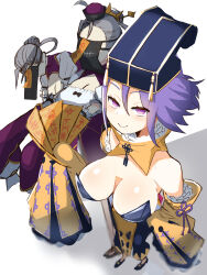 3girls baggy_pants bare_shoulders black_hat black_pants blush breasts cleavage detached_collar detached_sleeves dress fate/grand_order fate_(series) grey_hair hair_between_eyes hair_bun hat highres jiangshi kuli_(fate) large_breasts looking_at_viewer multiple_girls ofuda outstretched_arms pants pelvic_curtain purple_dress purple_eyes purple_hair purple_hat qingdai_guanmao short_hair side_slit skirt smile talisman tassel user_fkzw8222 veil wide_sleeves wu_zetian_(fate) wu_zetian_(swimsuit_caster)_(fate) wu_zetian_(swimsuit_caster)_(second_ascension)_(fate) yellow_skirt zombie_pose